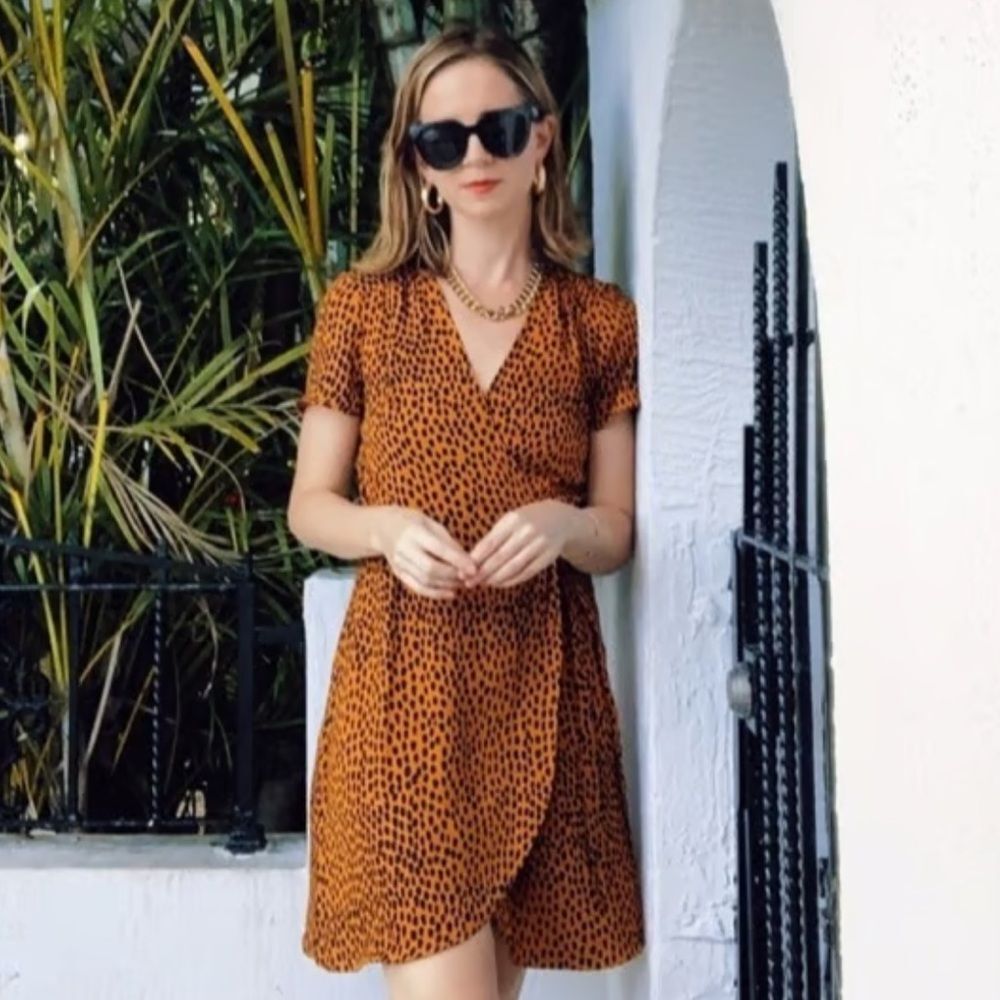 J.Crew Drapey Cheetah Print Twill Wrap Dress with Black Dot Print Mustard - Picture 9 of 9